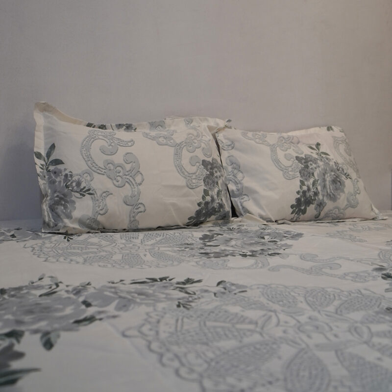 Grey Floral Cotton Bedsheet with 2 Pillow Covers - Image 2